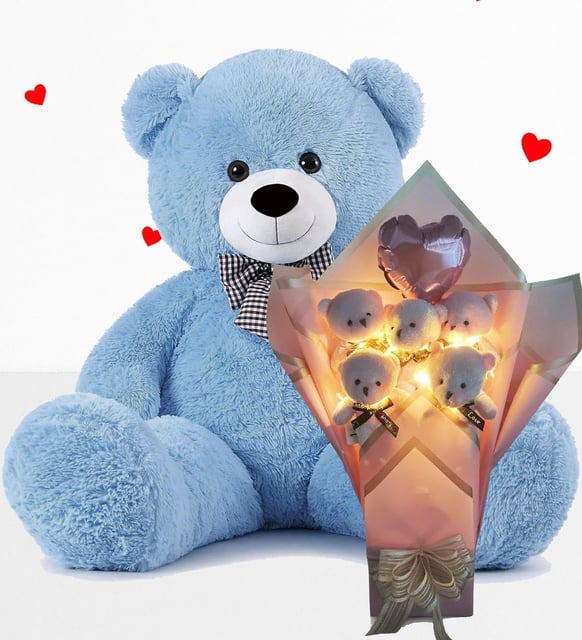Büyük 90 cm Peluş Ayı ve LED Işıklı Pembe Balonlu Romantik Peluş Ayıcık Buketi –