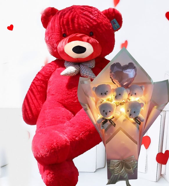 Büyük 90 cm Peluş Ayı ve LED Işıklı Pembe Balonlu Romantik Peluş Ayıcık Buketi –
