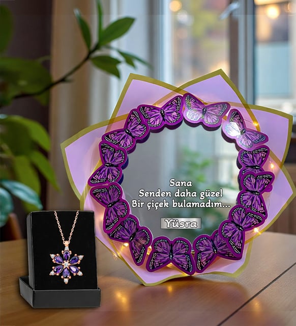 Kişiye Özel Aynalı Mor Kelebek Buketi ve Lotus Kolye Seti