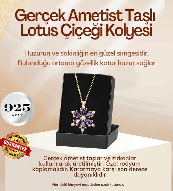 Premium Işıklı Kutuda Gerçek Ametist Taşlı Lotus Kolye – 925 Ayar Gümüş Kadın Kolye