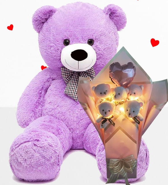 Büyük 90 cm Peluş Ayı ve LED Işıklı Pembe Balonlu Romantik Peluş Ayıcık Buketi –