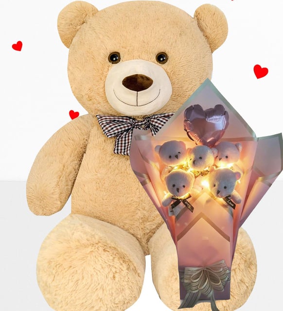 Büyük 90 cm Peluş Ayı ve LED Işıklı Pembe Balonlu Romantik Peluş Ayıcık Buketi –