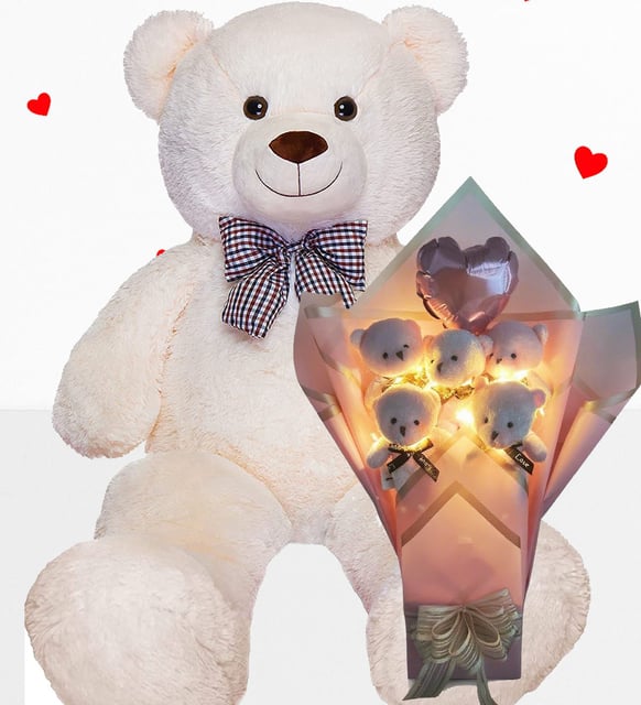 Büyük 90 cm Peluş Ayı ve LED Işıklı Pembe Balonlu Romantik Peluş Ayıcık Buketi –