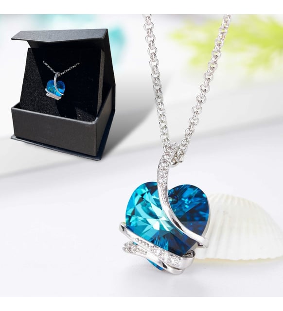 Swarovski Taşlı Mavi Kalp Kolye (Beyaz Altın Kaplama)